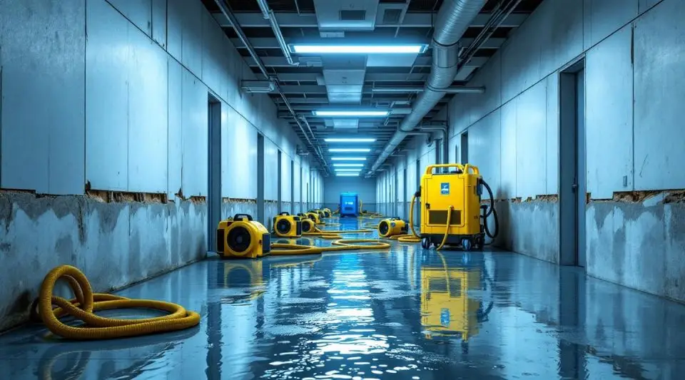 Commercial restoration crew extracting water from a flooded Glendale office lobby using industrial truck-mounted extraction hoses.