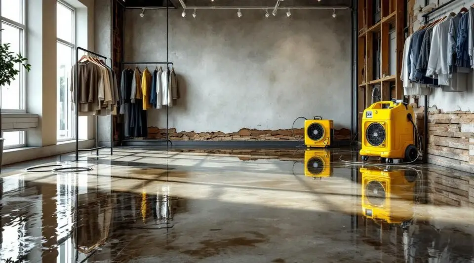Commercial restoration technicians extracting water from a flooded retail showroom floor on Arden Avenue in Glendale.