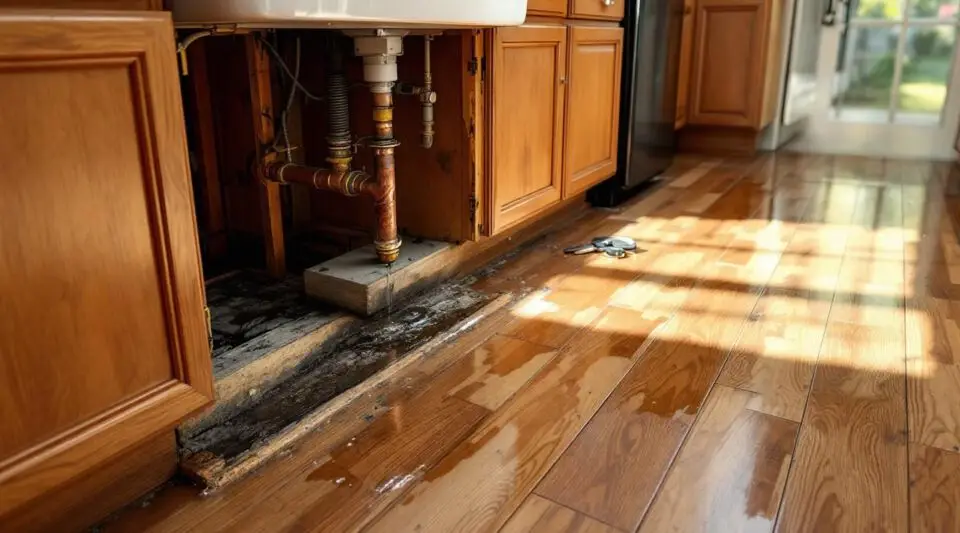 A restoration technician carefully checking moisture levels behind kitchen cabinets during a leak repair in Glendale.