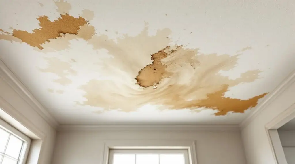 A professional technician using a moisture meter to inspect a water-stained ceiling inside a Burbank residence.