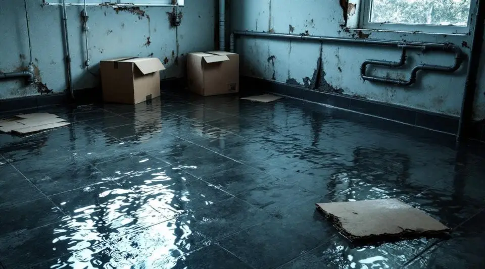 A technician using a water extraction vacuum on a flooded Glendale basement floor, looking focused during emergency cleanup.
