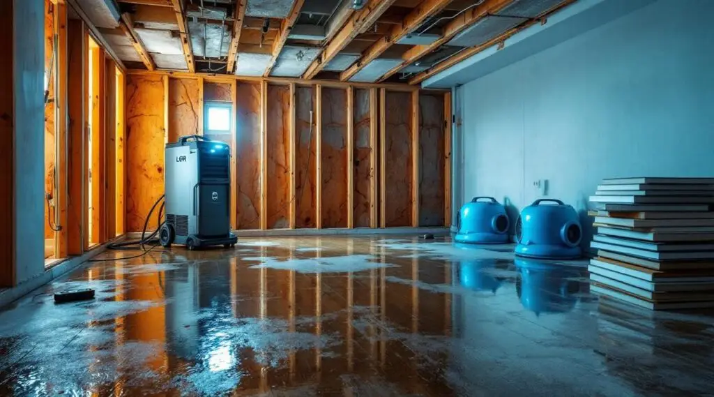 Lighthouse Restoration technicians using professional water extraction equipment in a flooded Burbank home basement.