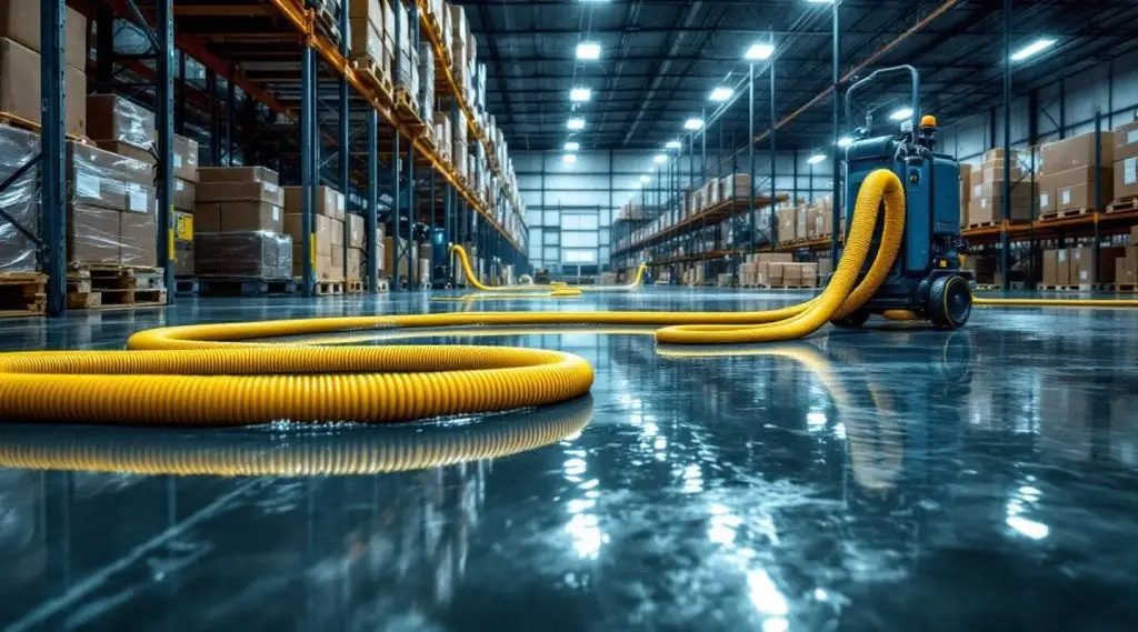 Lighthouse Restoration technicians using high-volume water extraction pumps on a flooded concrete warehouse floor in Burbank.