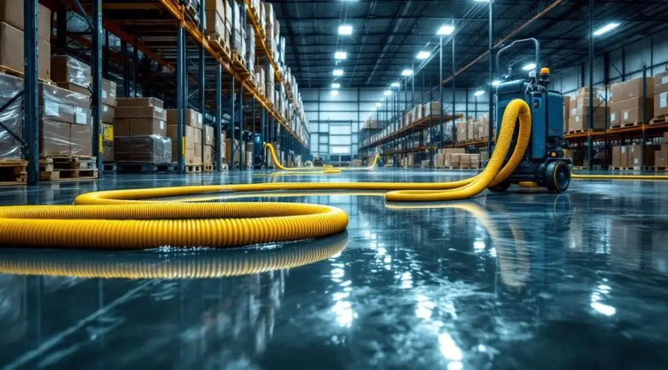 Lighthouse Restoration technicians using high-volume water extraction pumps on a flooded concrete warehouse floor in Glendale.