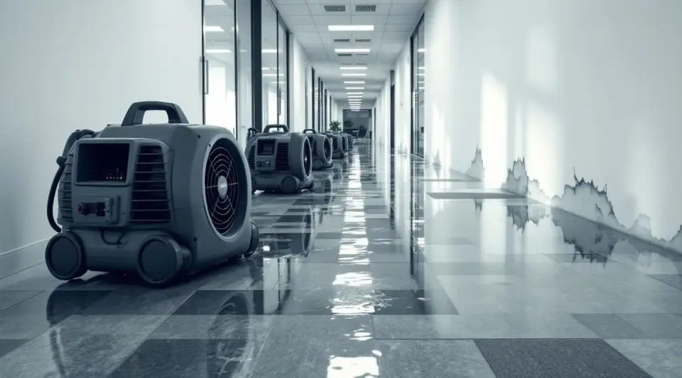 Lighthouse Restoration technicians setting up commercial air movers and dehumidifiers in a flooded Glendale office lobby.