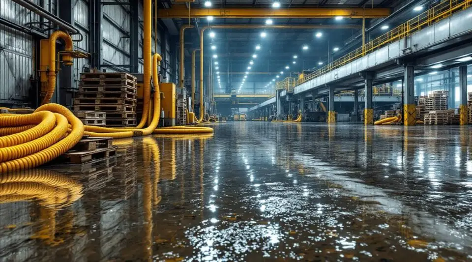 Lighthouse Restoration technicians using high-volume water extraction equipment on a flooded Glendale warehouse floor.