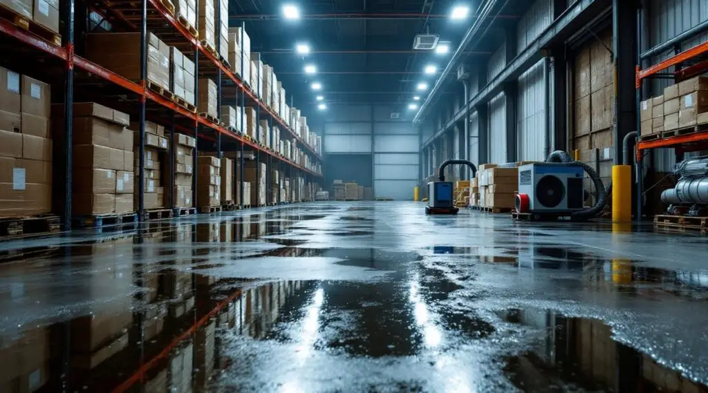 Lighthouse Restoration crew extracting water from a flooded concrete warehouse floor in Burbank.