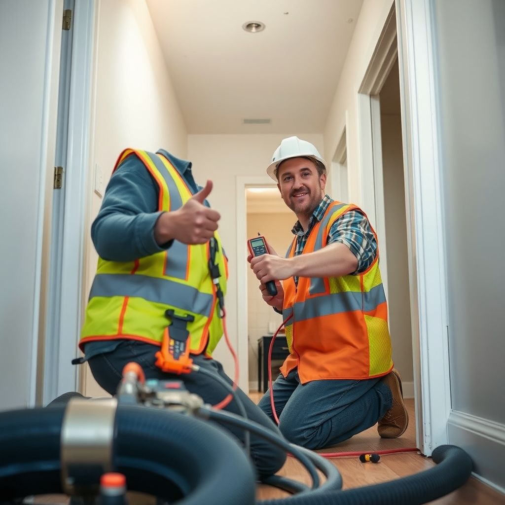 An IICRC-certified technician using a moisture meter to check the dryness of a plaster wall in a Pasadena home.