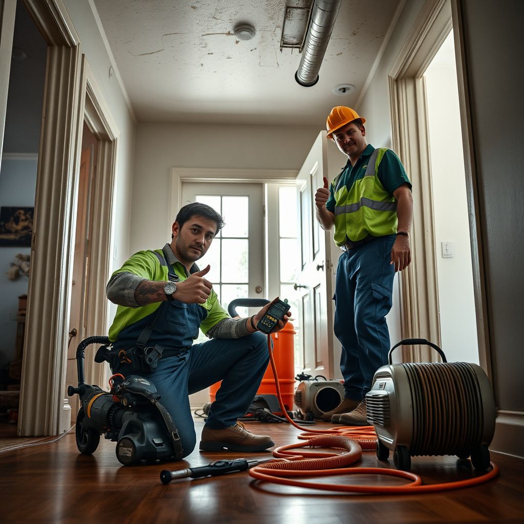 An IICRC-certified technician setting up a commercial dehumidifier in a residential crawl space.