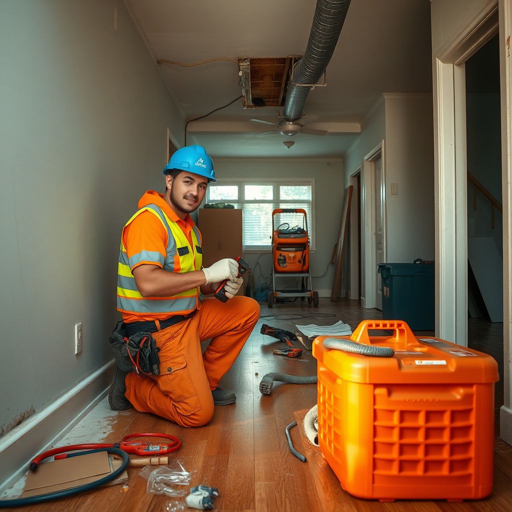 A certified technician taking moisture readings on a saturated drywall inside an Alhambra home.